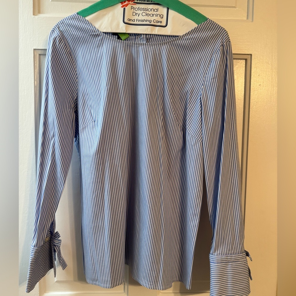 Talbots Blue White Striped Button Back Blouse Size Medium